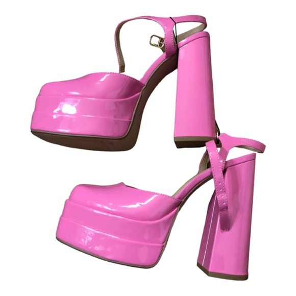Pink medusa look patent tiered platform mary jane chunky heels size 10 brand new - Picture 11 of 14